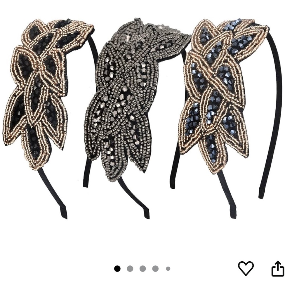 Flapper Glam Inspired Rhinestone Beaded Headbands - 3 Pack - Black, Gold, Silver